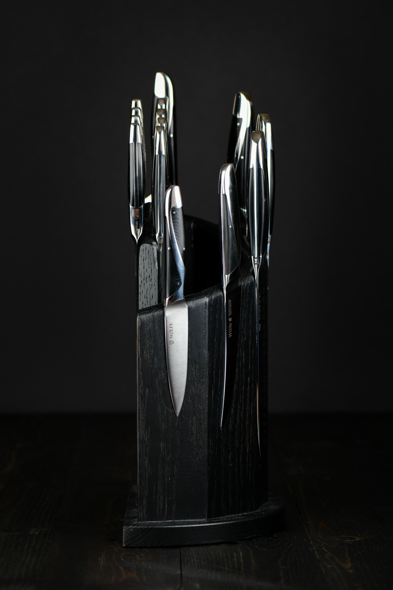 Set of knives in a black wooden block on a dark background