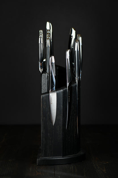Set of knives in a black wooden block on a dark background