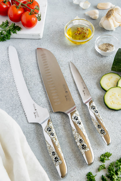 Set of knives with decorative handles on a kitchen counter with vegetables and oil.