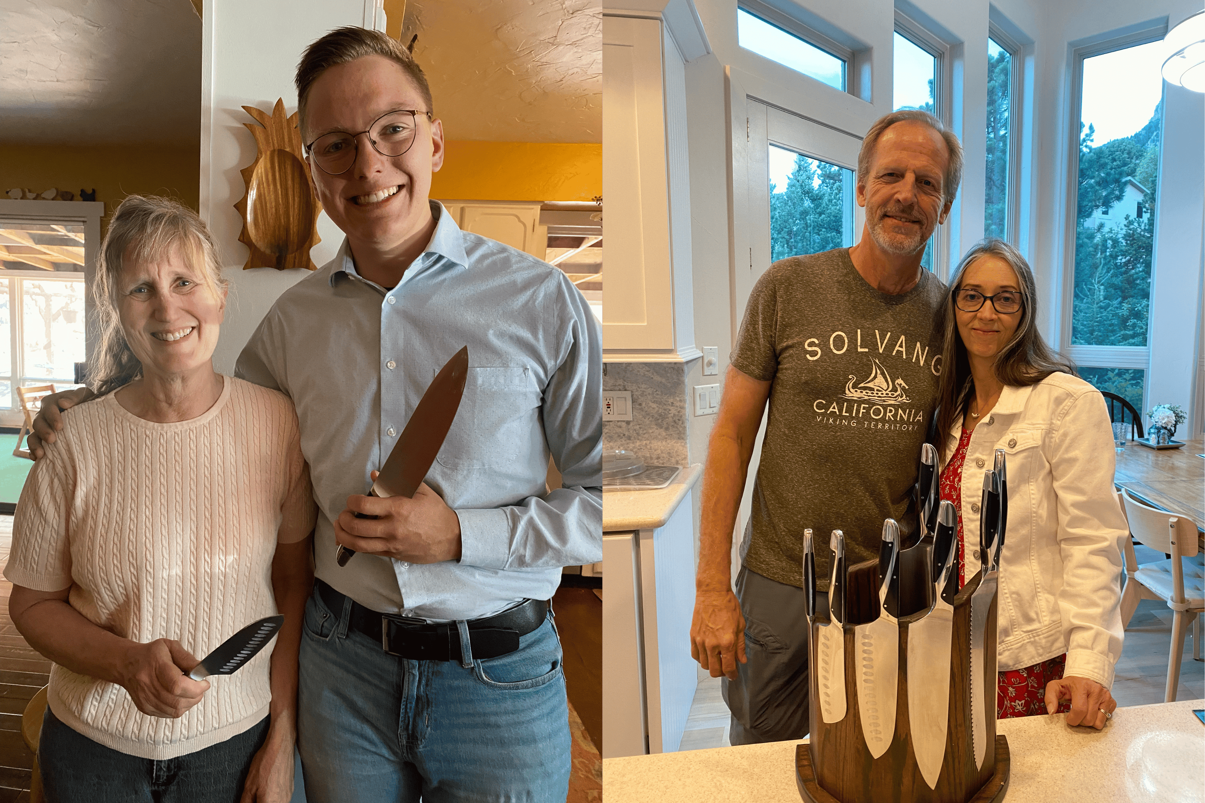 A split-screen lifestyle photo showing a man and an older woman in two different kitchen settings. The left panel shows them smiling, with the man holding a large chef's knife.